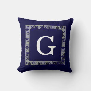 Navy Blue Dark Gray Greek Key #1 Framed Monogram Throw Pillow