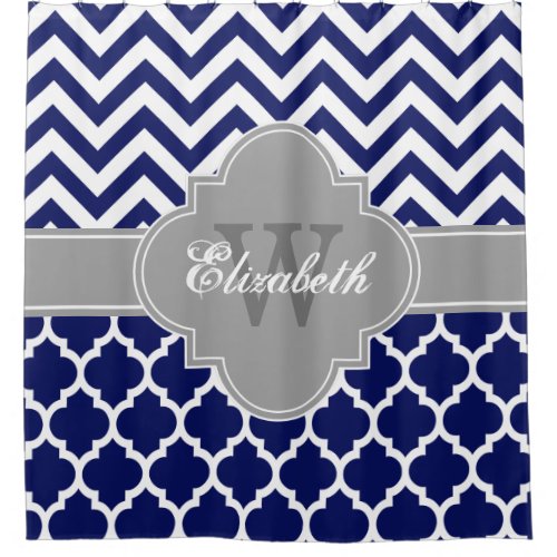 Navy Blue Dark Gray Wht Moroccan 5 Chevron 1IQRN Shower Curtain