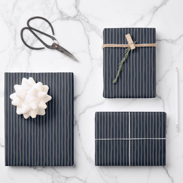 Navy Blue & Dark Gray Wonky Stripes Wrapping Paper Sheets (Front)