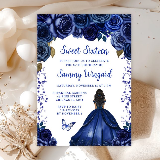 Navy Blue Dark Skin Princess Sweet Sixteen Invitation (Creator Uploaded)