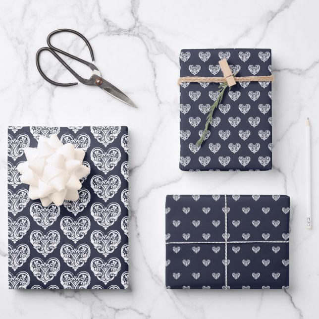 Navy Blue Decorative Heart Wrapping Paper Sheets (Front)