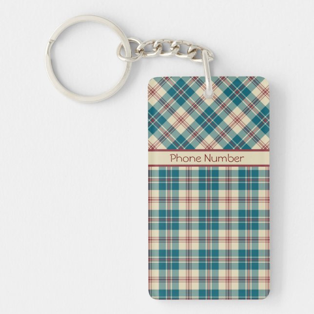 Navy Blue, Deep Red, Beige Plaid Acrylic Keychain (Front)