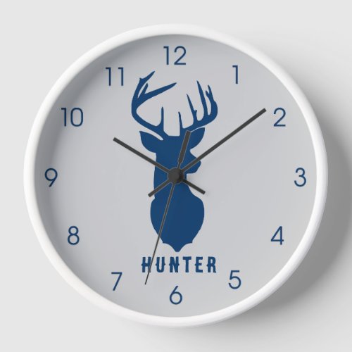 Navy Blue Deer Buck Gray Boys Hunter Wall Clock