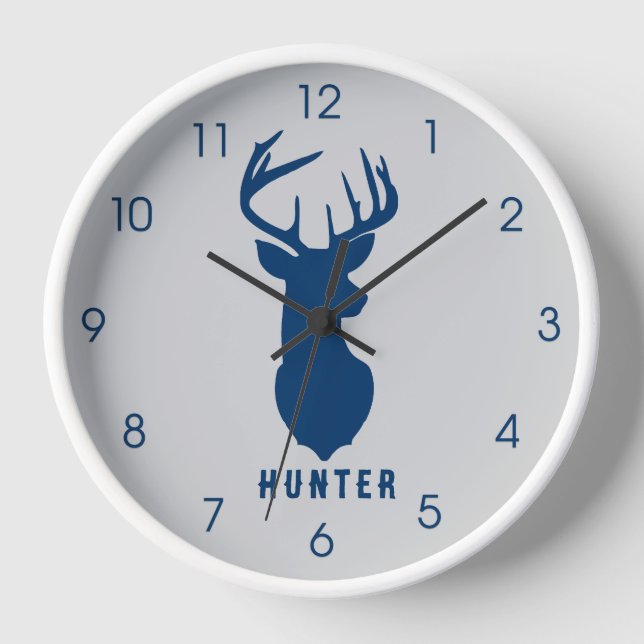 Navy Blue Deer Buck Gray Boys Hunter Wall Clock (Front)