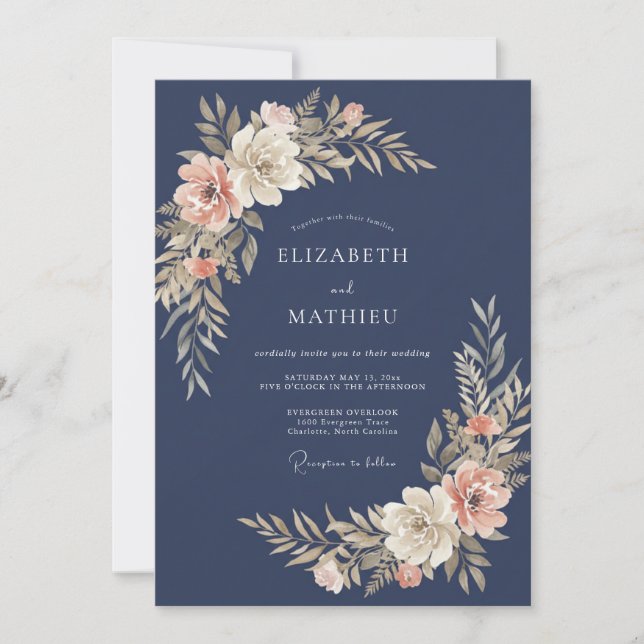 Navy Blue Delicate Botanical Wedding Invitation (Front)