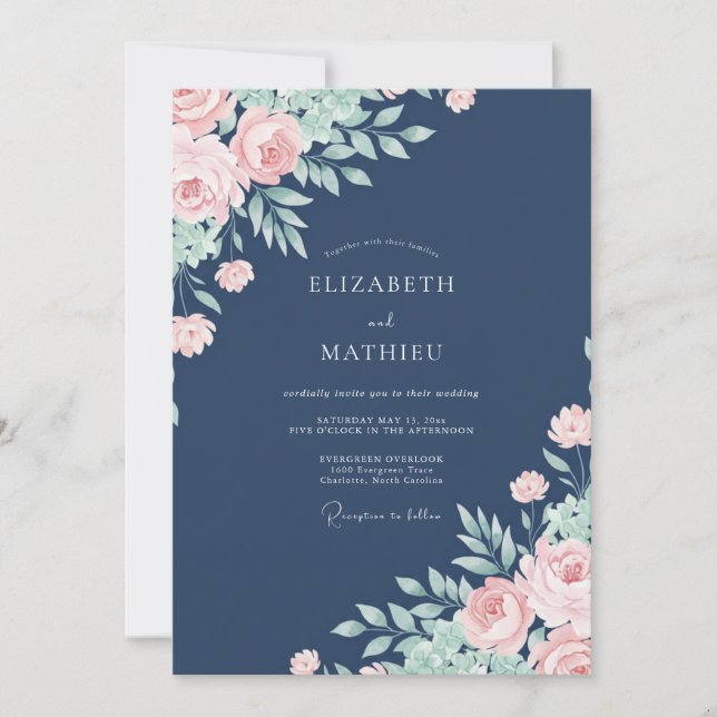 Navy Blue Delicate Floral Wedding Invitation (Front)