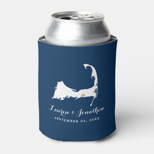 Navy Blue Dennis Cape Cod Map Gold Heart Wedding Can Cooler (Can Front)