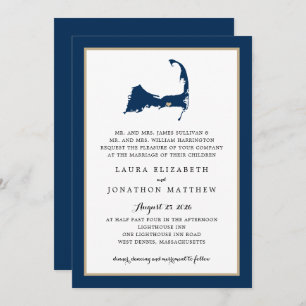 Navy Blue Dennis Cape Cod Map Gold Heart Wedding Invitation