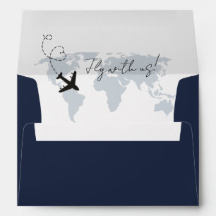Navy Blue Destination Airplaine World map Wedding Envelope