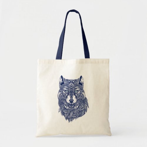 Navy_Blue Detailed Wolf head illustration Tote Bag