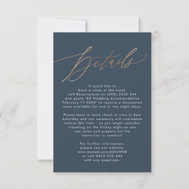 Navy Blue Details Accommodation Gold Wedding RSVP Card (Front)
