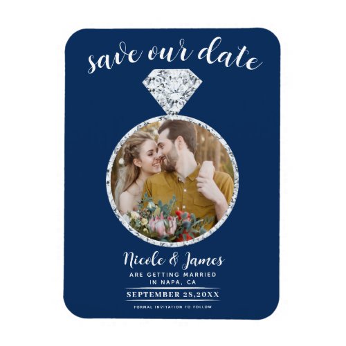 Navy Blue Diamond Ring Bling Photo Save the Date Magnet