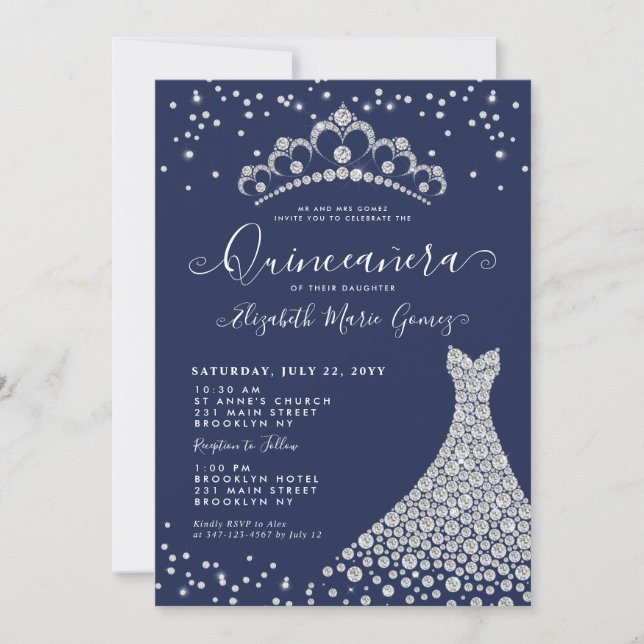 Navy Blue Diamond Sparkle Tiara Gown Quinceanera Invitation (Front)