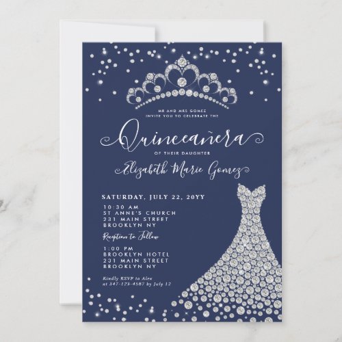 Navy Blue Diamond Sparkle Tiara Gown Quinceanera Invitation