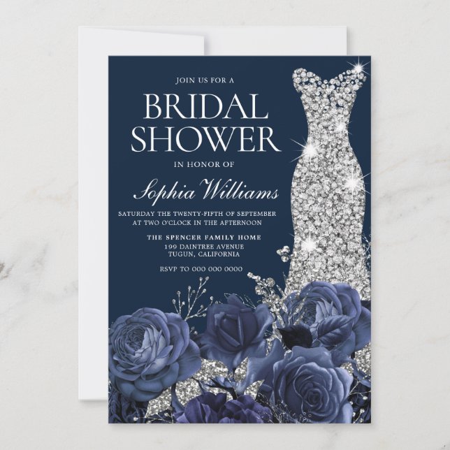 Navy Blue Diamond Wedding Dress Bridal Shower Invitation (Front)