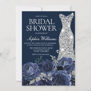 Navy Blue Diamond Wedding Dress Bridal Shower Invitation