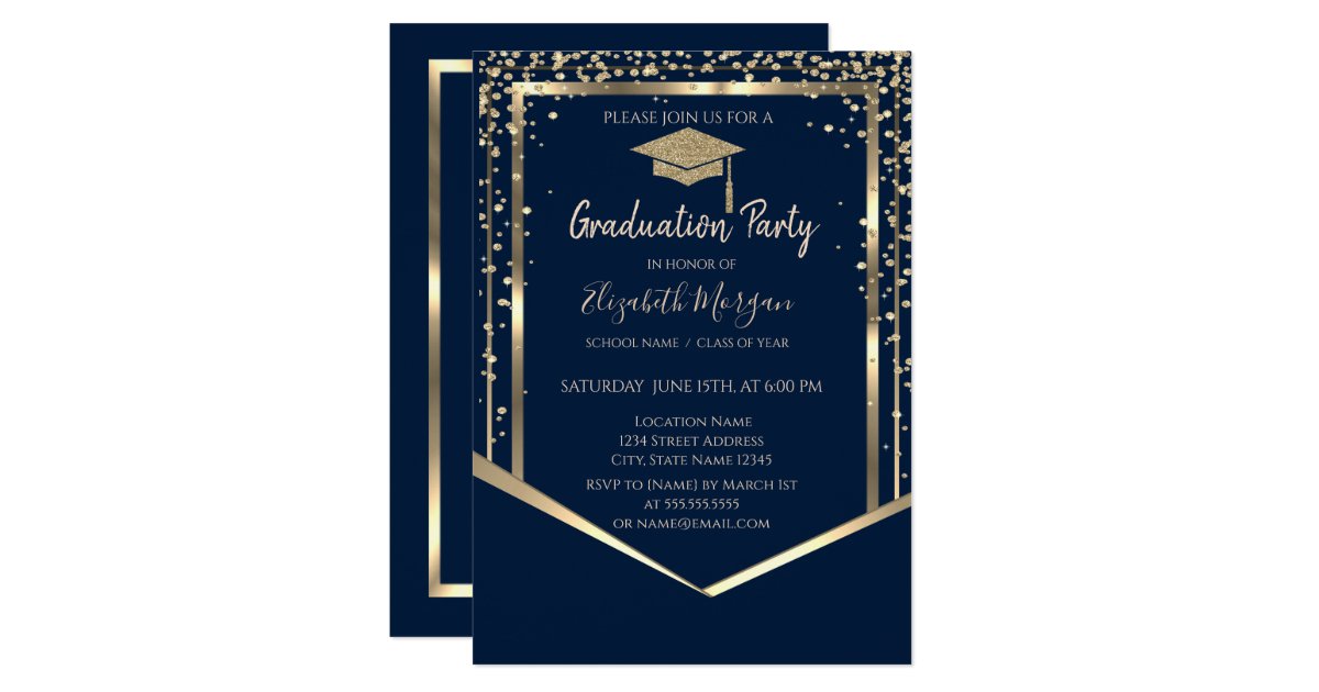 Navy Blue Diamonds Gold Graduation Cap Graduation Invitation 2989