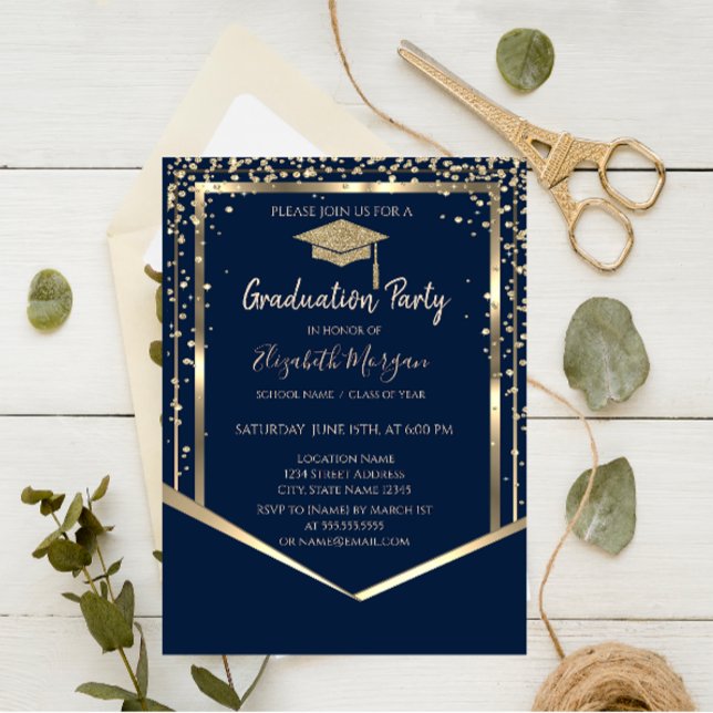 Navy Blue Diamonds Gold Graduation Cap Graduation Invitation (Creator Uploaded)