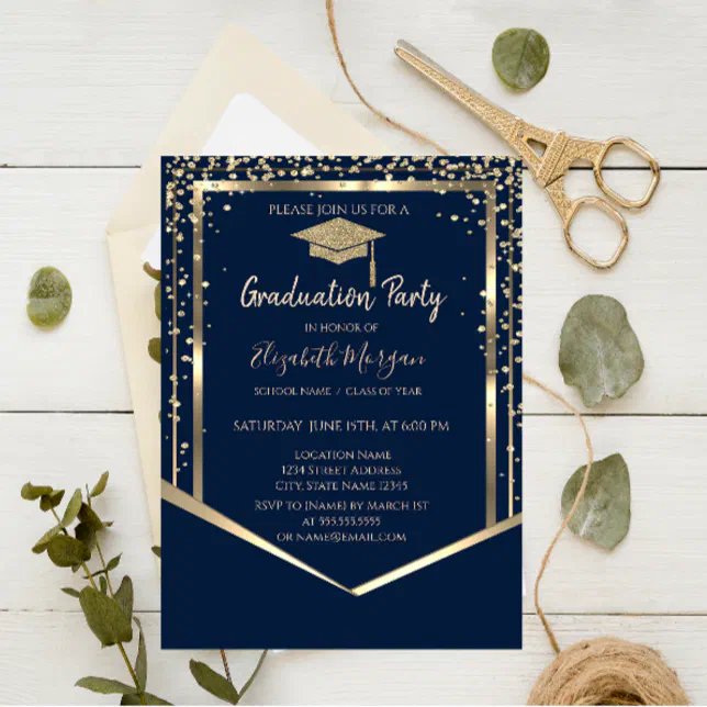 Navy Blue Diamonds Gold Graduation Cap Graduation Invitation | Zazzle