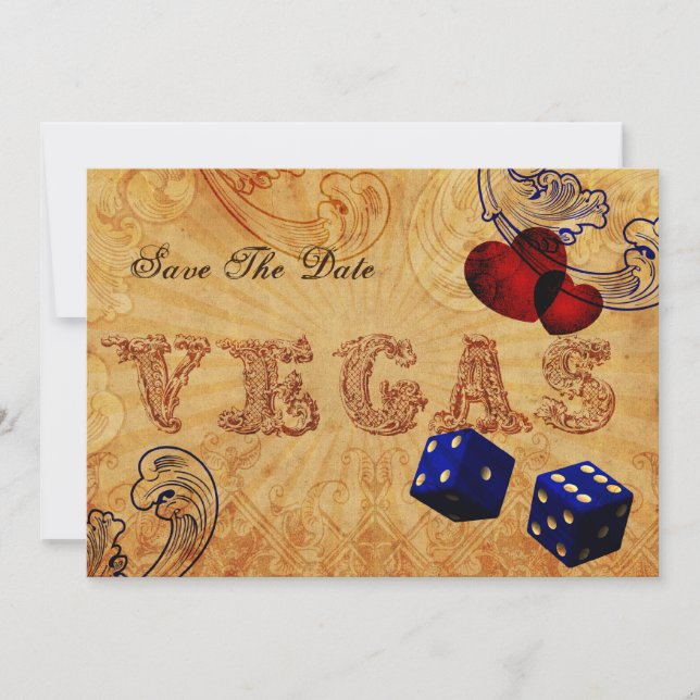 navy blue dice Vintage Vegas save the date (Front)
