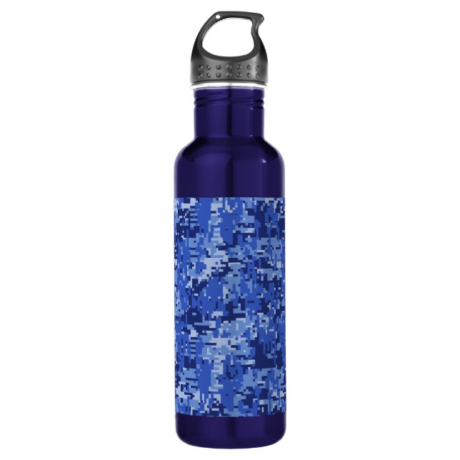 Navy Blue Digital Camo Camouflage Texture Stainless Steel Water Bottle (Front)