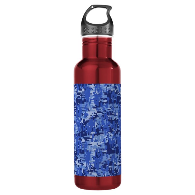 Navy Blue Digital Camo Camouflage Texture Water Bottle (Front)
