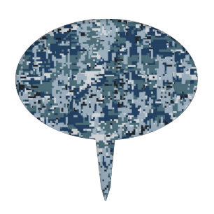 Navy Blue Digital Pixels Camouflage Decor Cake Topper