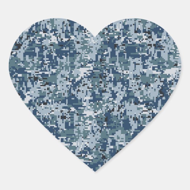Navy Blue Digital Pixels Camouflage Decor Heart Sticker (Front)