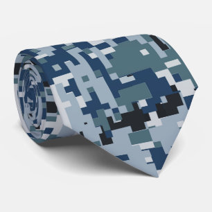 Navy Blue Digital Pixels Camouflage Decor Neck Tie