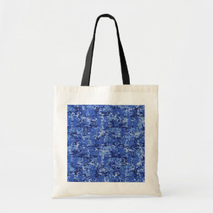 Navy Blue Digital Pixels Camouflage Texture Decor Tote Bag