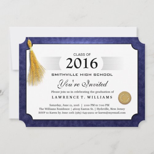 Navy Blue Diploma with Gold Tassel Graduation Invitation