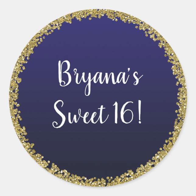 Navy Blue Dipped Gold Glitter Glam Sparkle Party Classic Round Sticker (Front)