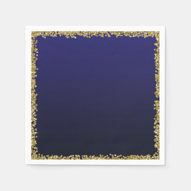 Navy Blue Dipped Gold Glitter Glam Sparkle Party Napkins (Front)