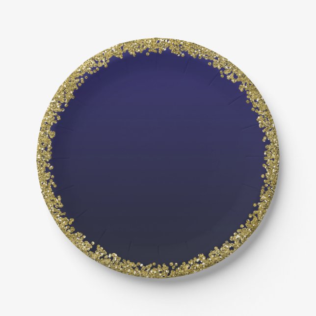 Navy Blue Dipped Gold Glitter Glam Sparkle Party Paper Plates (Front)
