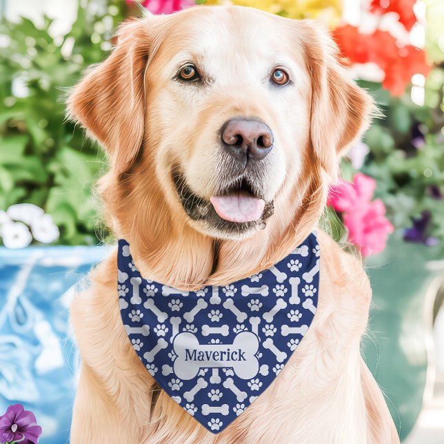 Navy Blue Dog Bones Paw Print Custom Name Pet Bandana Collar (Creator Uploaded)