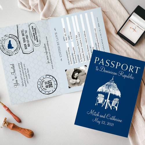 Navy Blue Dominican Republic Passport Wedding Invitation