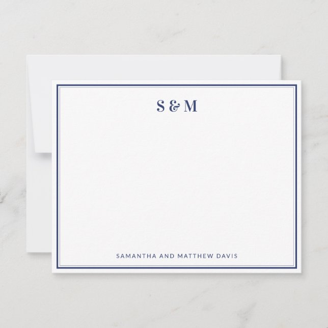 Navy Blue Double Border Elegant Classic Monogram Note Card (Front)