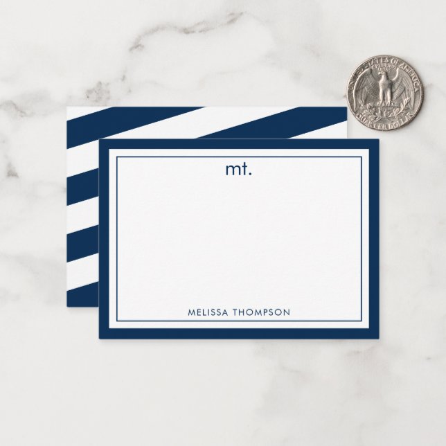 Navy Blue Double Border Modern Monogram Striped Note Card (Front/Back In Situ)