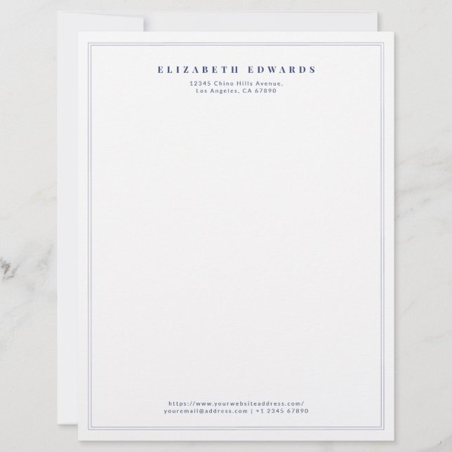 Navy Blue Double Border Simple Elegant Minimalist Letterhead (Front)