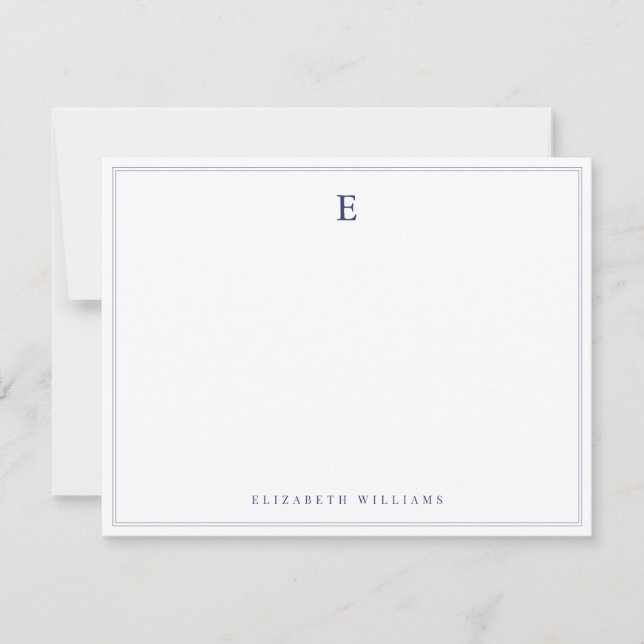 Navy Blue Double Border Simple Elegant Monogram  Note Card (Front)