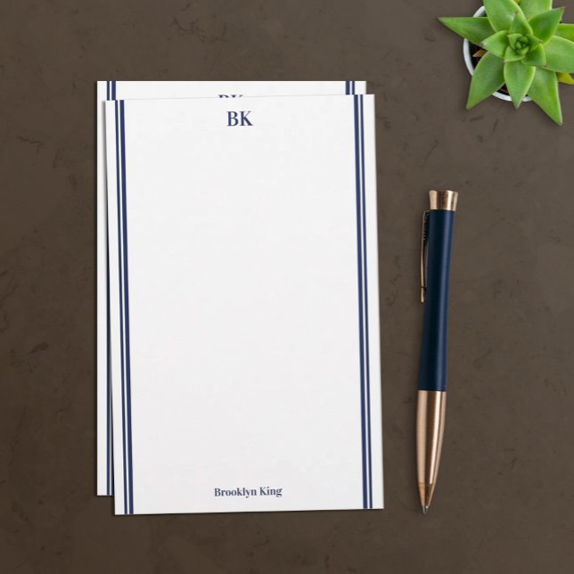 Navy Blue Double Lines Monogram & Name Stationery (Creator Uploaded)
