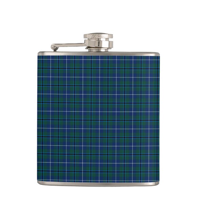 Navy Blue Douglas Clan Modern Scottish Plaid Flask (Front)