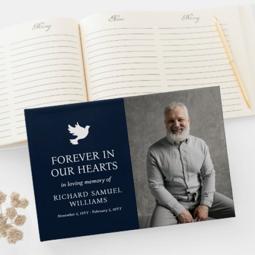 Navy Blue Dove Minimalist In Loving Memory Photo Guest Book