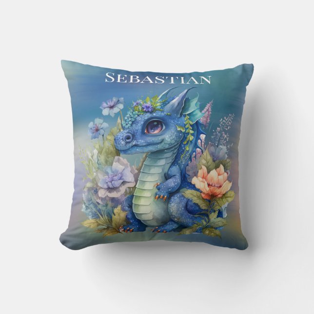Navy Blue Dragon Boy Baby Shower Gift Throw Pillow (Front)