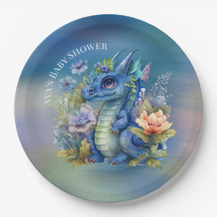 Navy Blue Dragon Boy Baby Shower Paper Plates