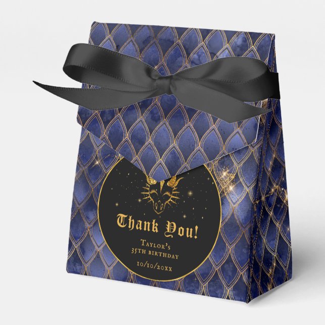 Navy Blue Dragon Scales Gold Birthday Thank You Favor Boxes (Front Side)
