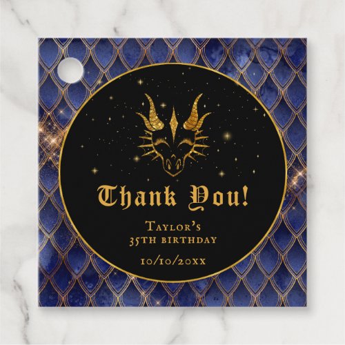Navy Blue Dragon Scales Gold Birthday Thank You Favor Tags