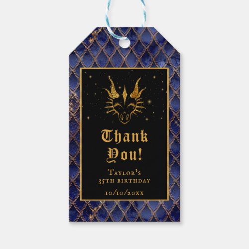 Navy Blue Dragon Scales Gold Birthday Thank You Gift Tags