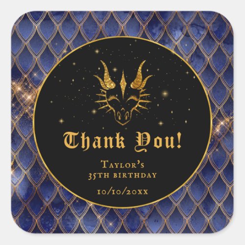 Navy Blue Dragon Scales Gold Birthday Thank You Square Sticker