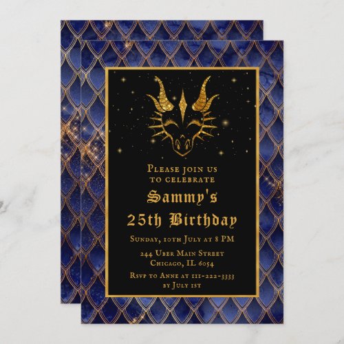Navy Blue Dragon Scales Gold Faux Glitter Birthday Invitation